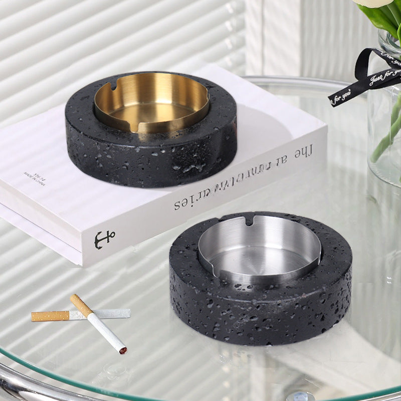 Volcanic Luxe Round Marble Ashtray – Solid Stone with Brushed Steel Insert (1.4kg)