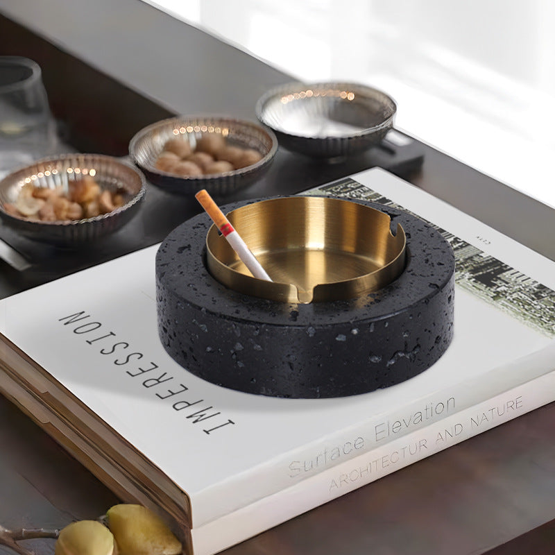 Volcanic Luxe Round Marble Ashtray – Solid Stone with Brushed Steel Insert (1.4kg)