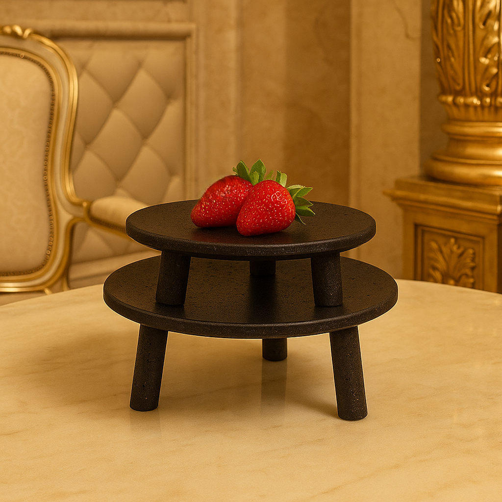 Noir Elevé Travertine Fruit Tray – Sculpted Pedestal in Black Travertine Stone
