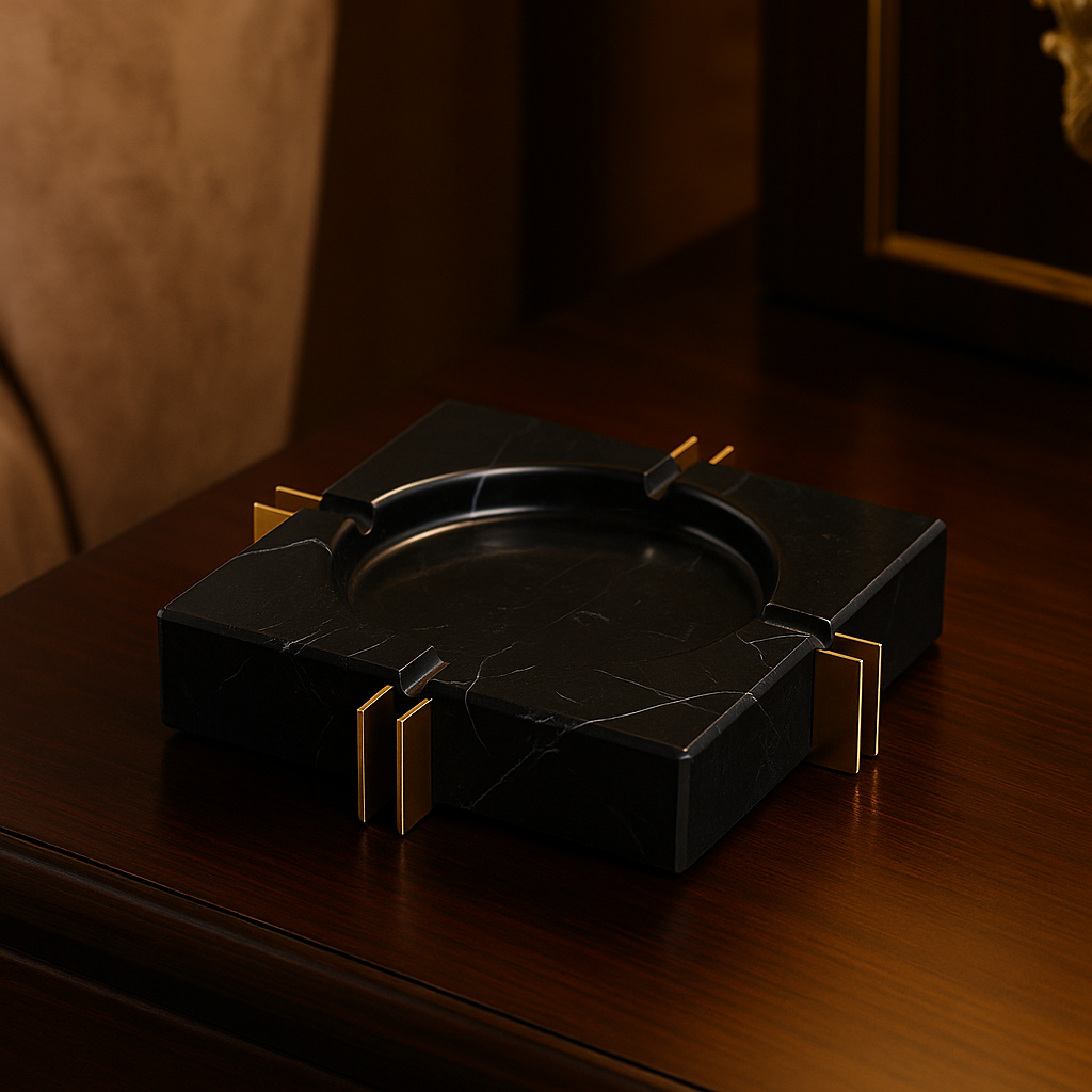 Modern Luxe Square Marble Ashtray – Solid Stone with Brass Accents (2kg)