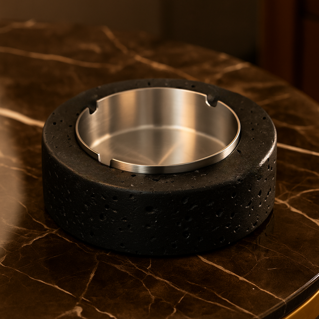 Volcanic Luxe Round Marble Ashtray – Solid Stone with Brushed Steel Insert (1.4kg)