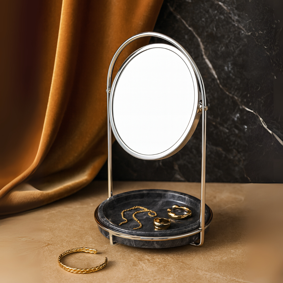Elegant Marble Vanity Mirror with Tray – Dual-Tone Metal Finish