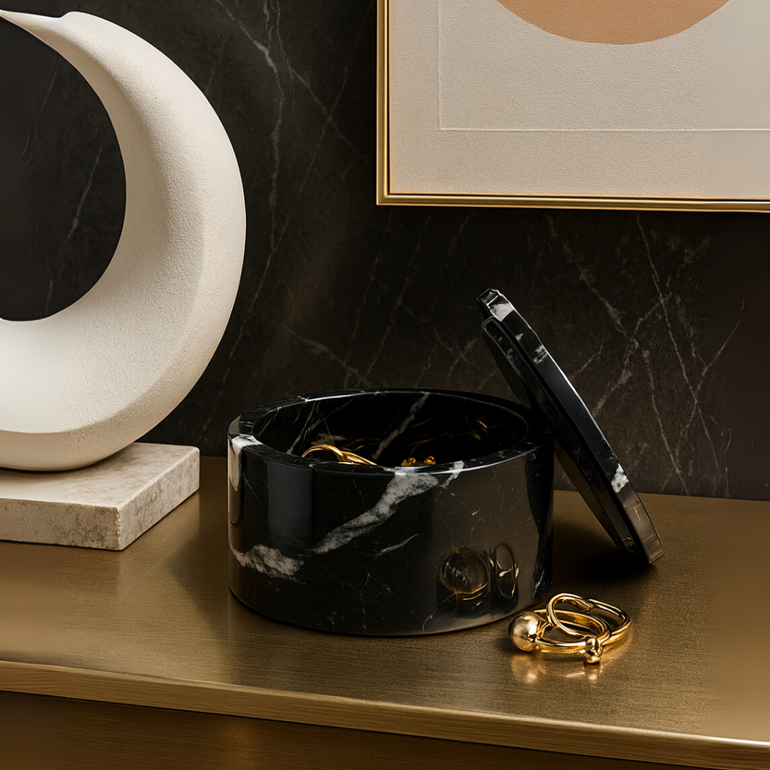 Round Nero Marquina Marble Jewelry Box