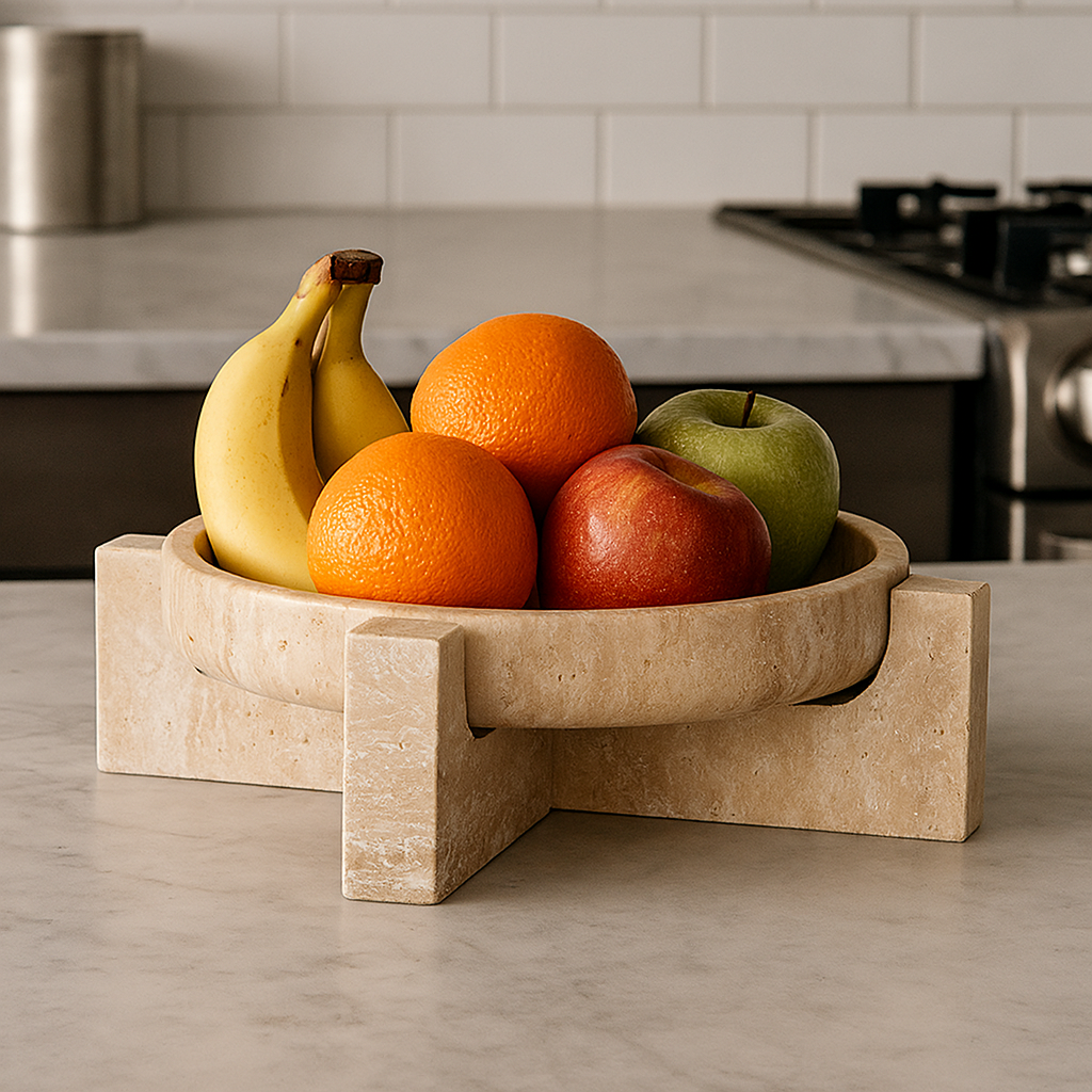 Aurum Travertine Fruit Tray – Solid Stone Centerpiece