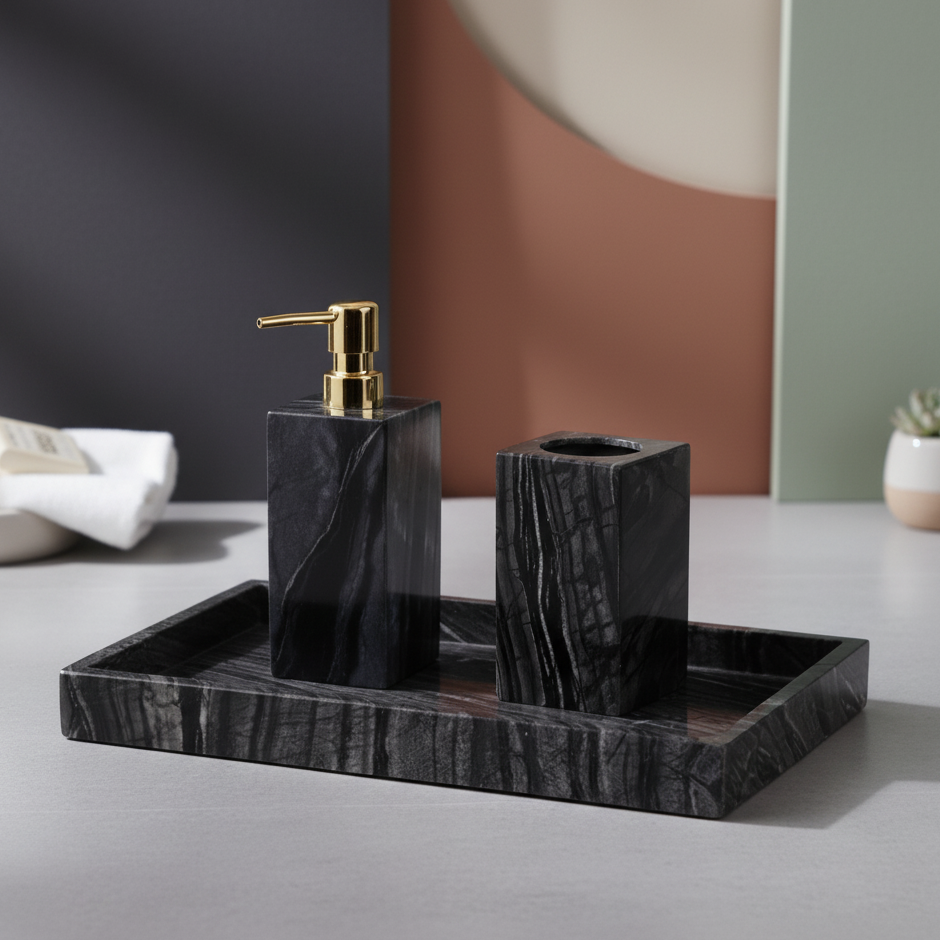 Cortara Black Wooden Marble Bathroom Set