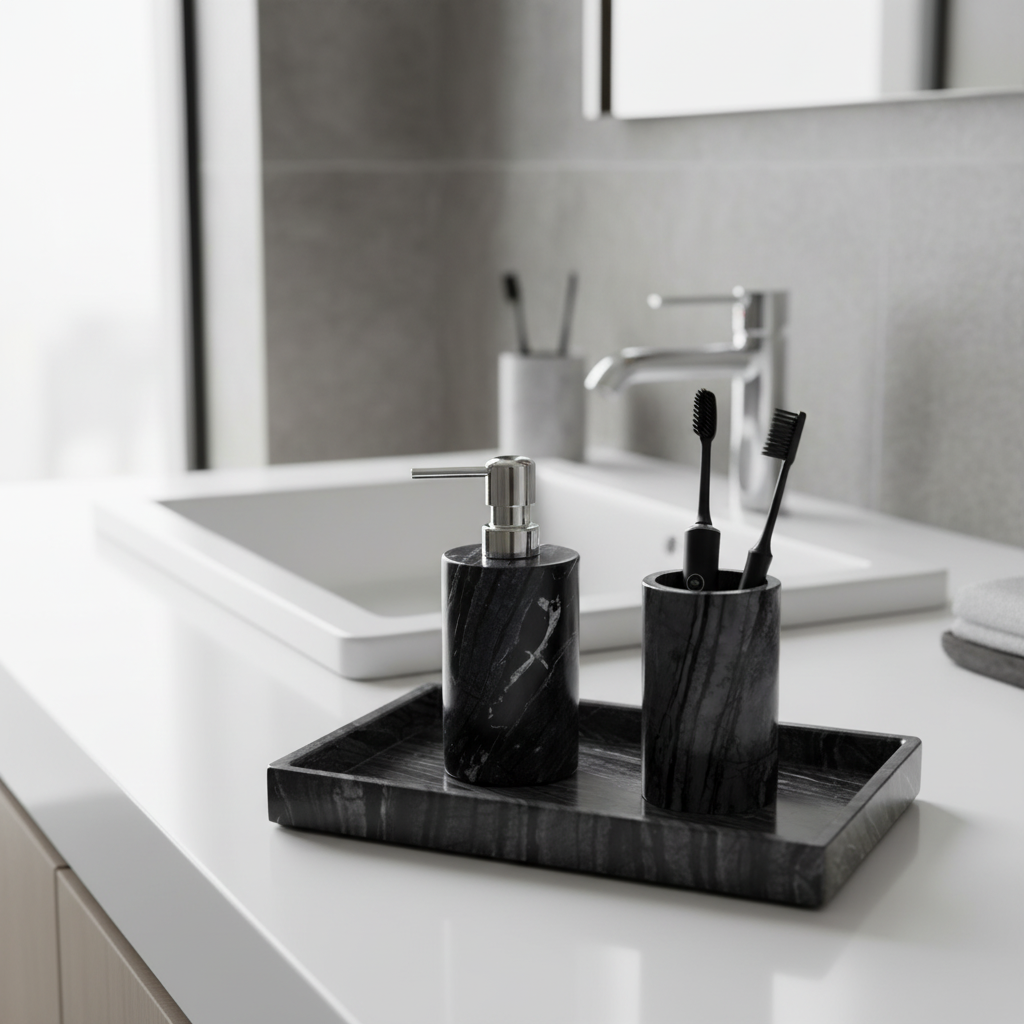 Averra Black Wooden Marble Bathroom Set