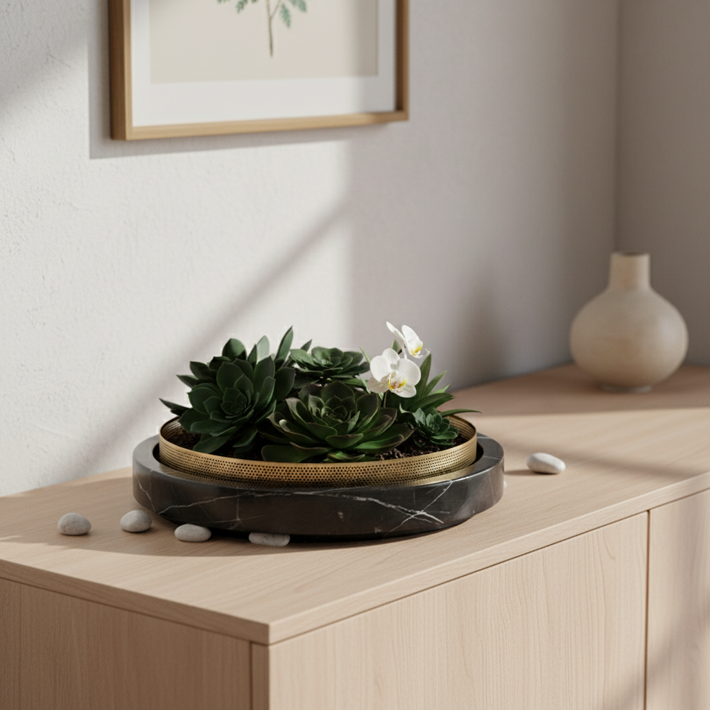 Solaro Marble Stone Planter with Metal Accent - 35 × 7 cm