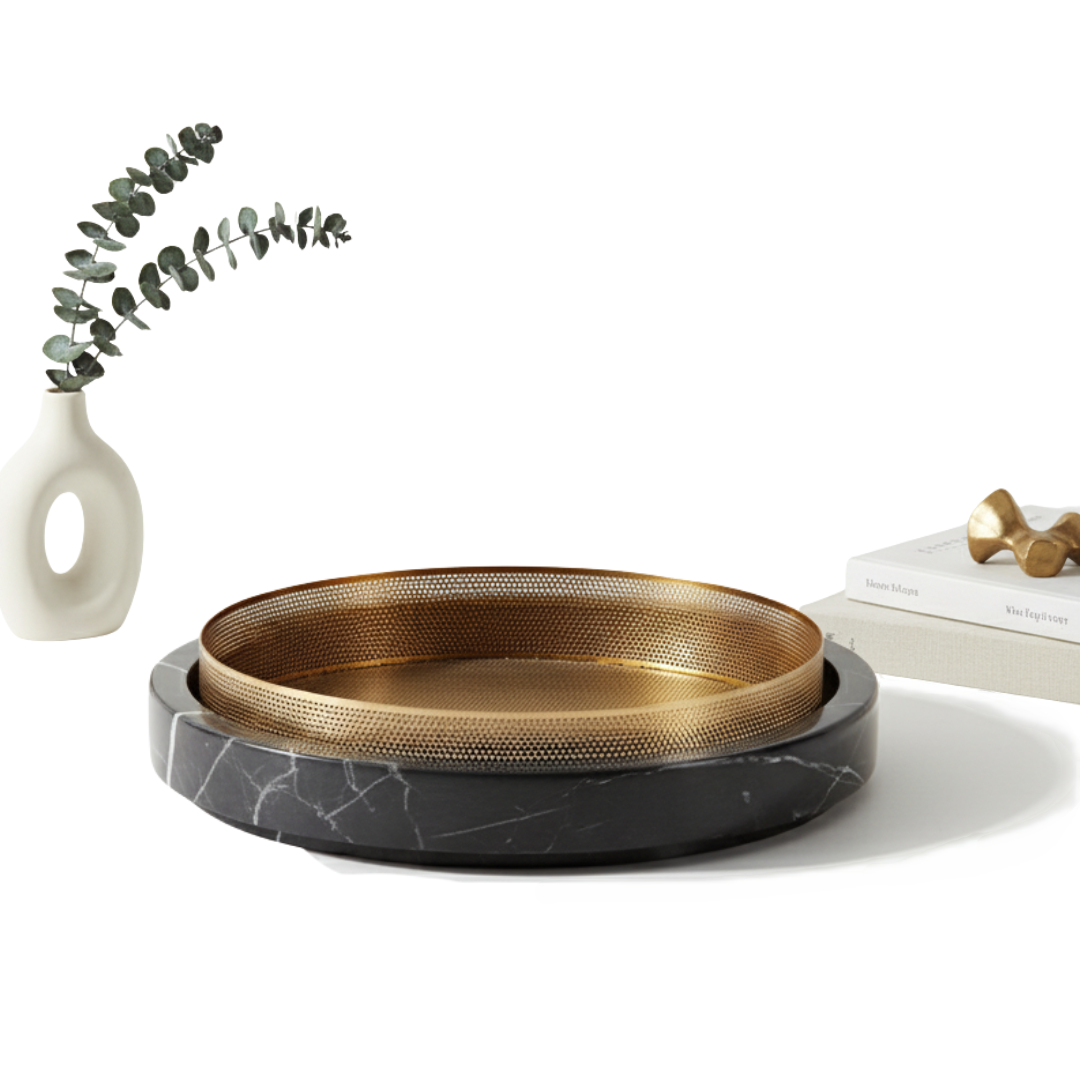 Sculpted Marble Planter with Metal Rim – 30x7 cm