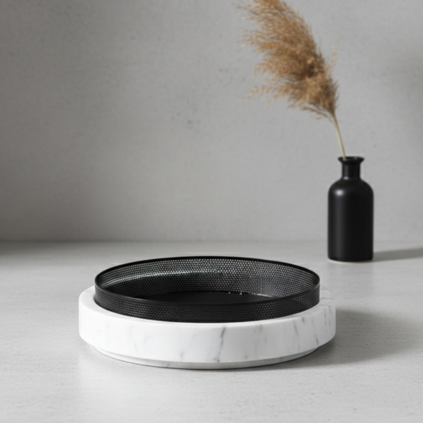 Sculpted Marble Planter with Metal Rim – 30x7 cm