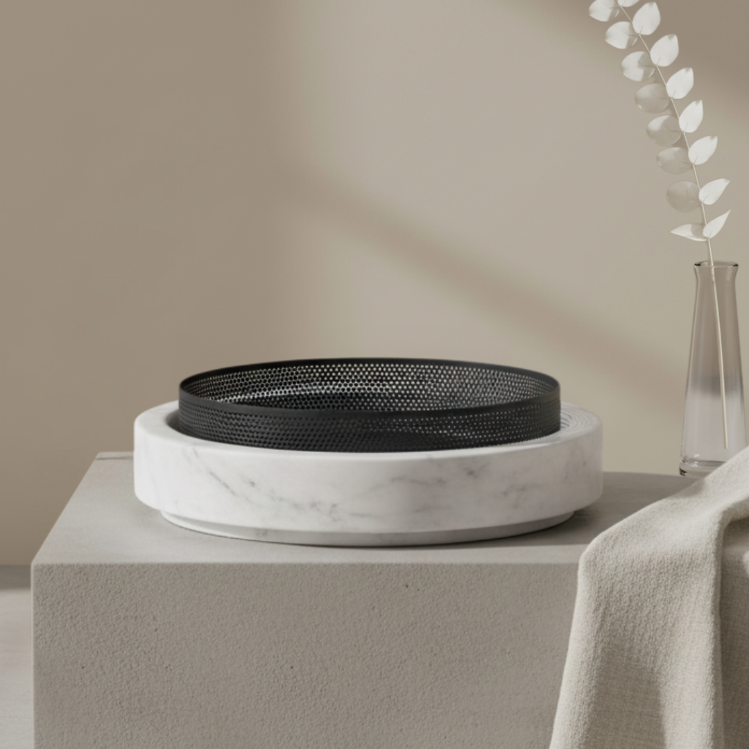 Aurore Marble Stone Planter with Metal Rim – 20x7 cm