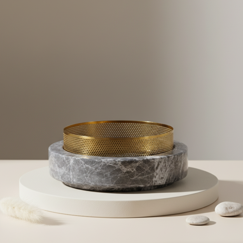 Aurore Marble Stone Planter with Metal Rim – 20x7 cm