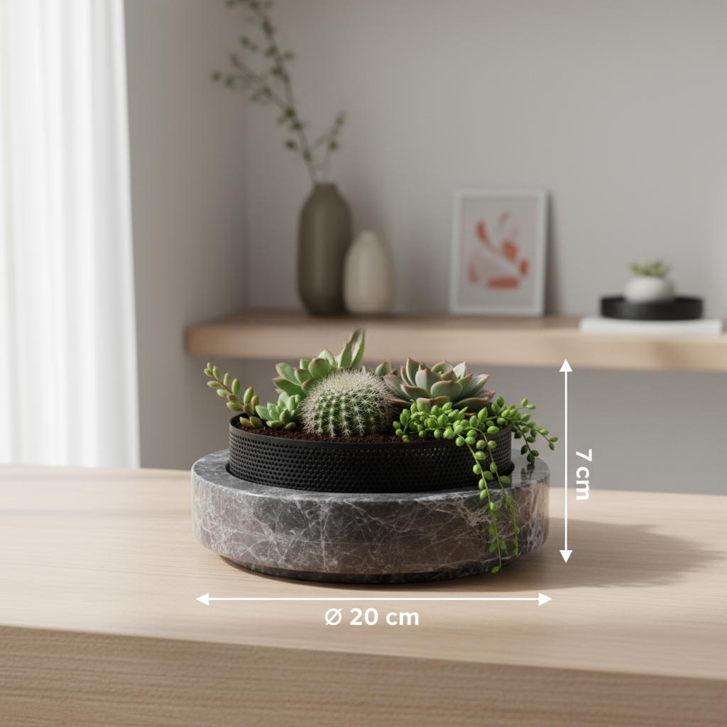 Aurore Marble Stone Planter with Metal Rim – 20x7 cm