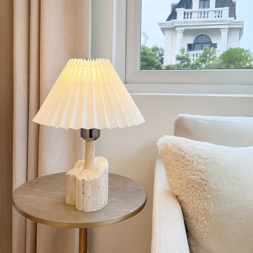 Valora Travertine Table Lamp – Solid Stone Base with Pleated Shade