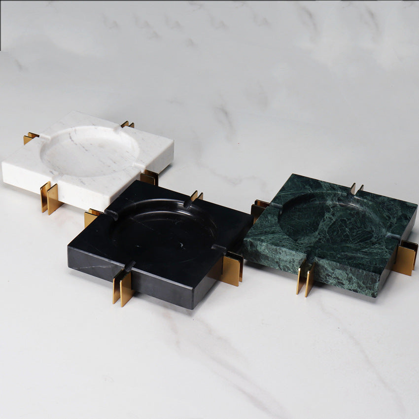 Modern Luxe Square Marble Ashtray – Solid Stone with Brass Accents (2kg)