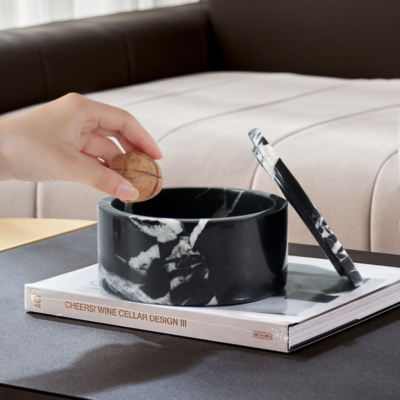 Round Nero Marquina Marble Jewelry Box