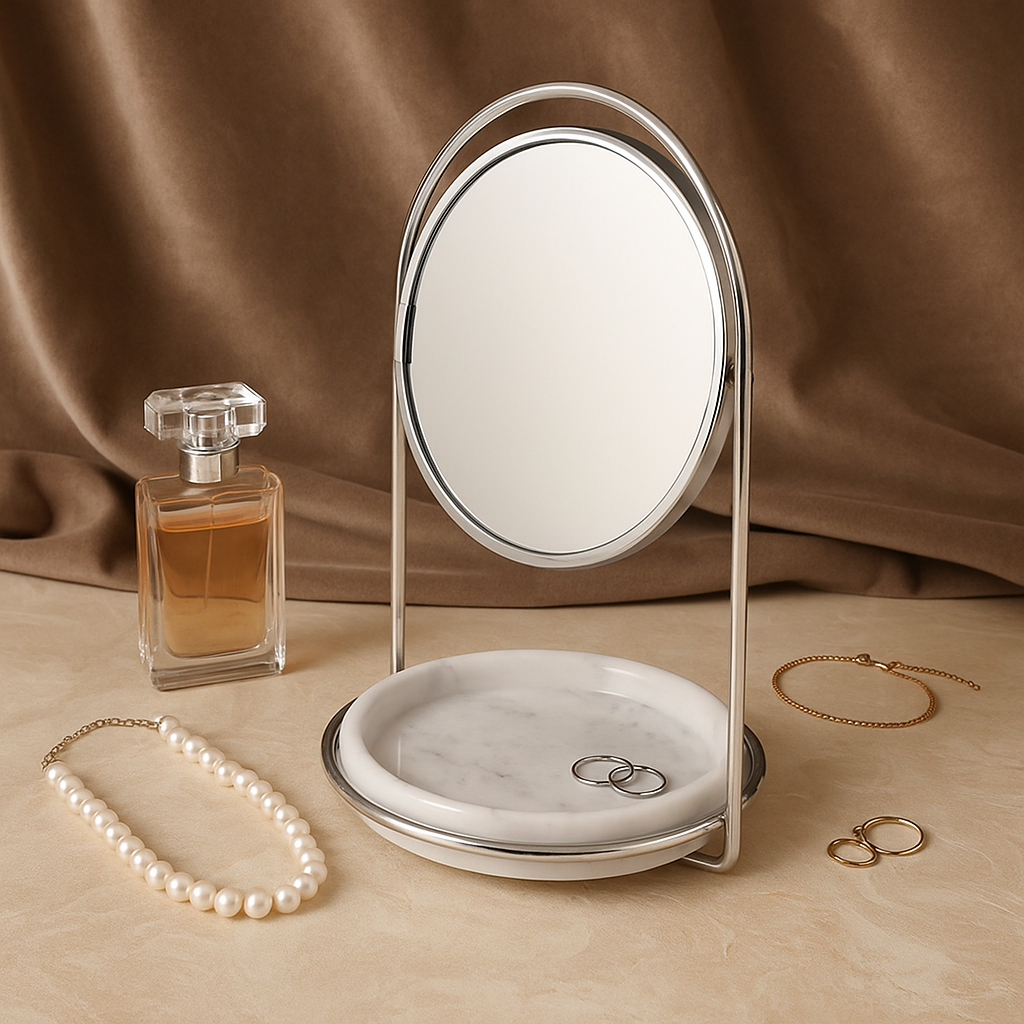 Elegant Marble Vanity Mirror with Tray – Dual-Tone Metal Finish