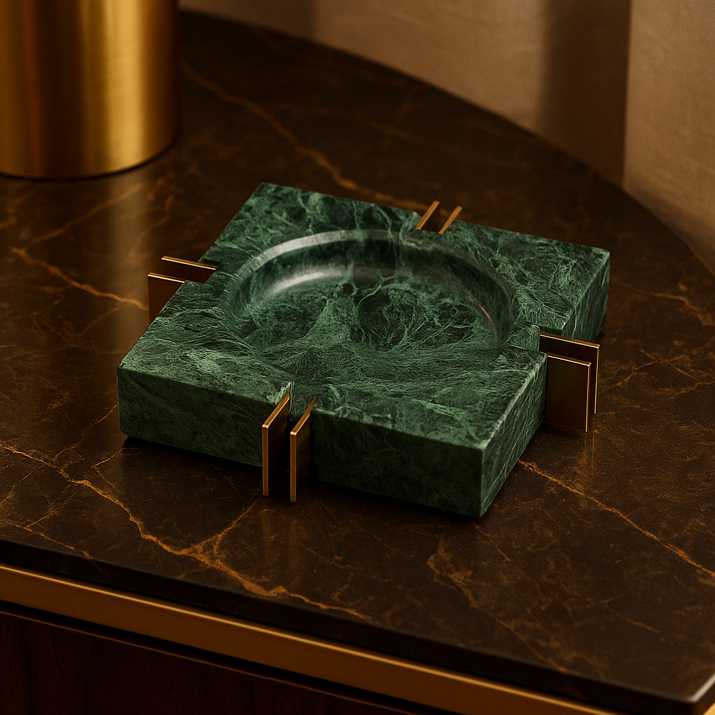 Modern Luxe Square Marble Ashtray – Solid Stone with Brass Accents (2kg)