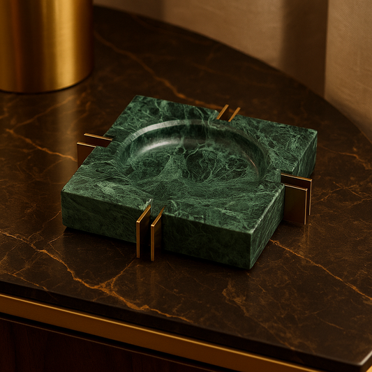 Modern Luxe Square Marble Ashtray – Solid Stone with Brass Accents (2kg)