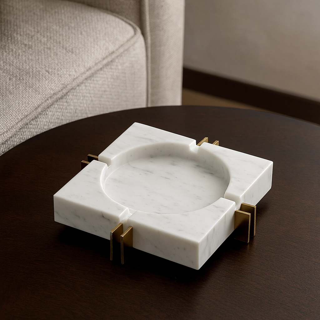 Modern Luxe Square Marble Ashtray – Solid Stone with Brass Accents (2kg)