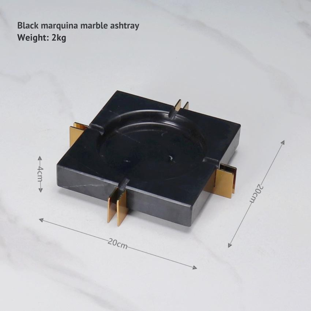 Modern Luxe Square Marble Ashtray – Solid Stone with Brass Accents (2kg)