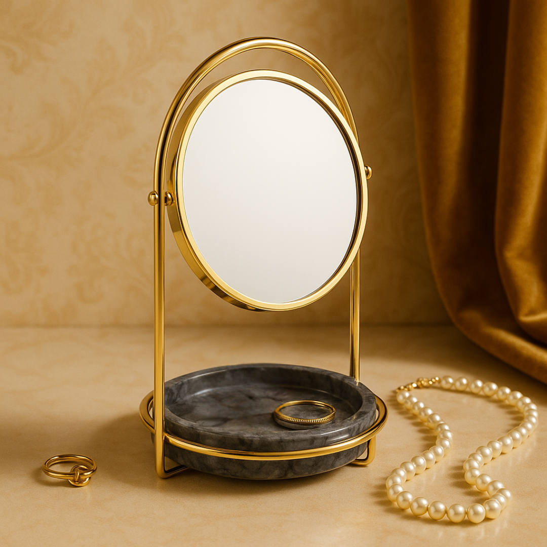 Elegant Marble Vanity Mirror with Tray – Dual-Tone Metal Finish