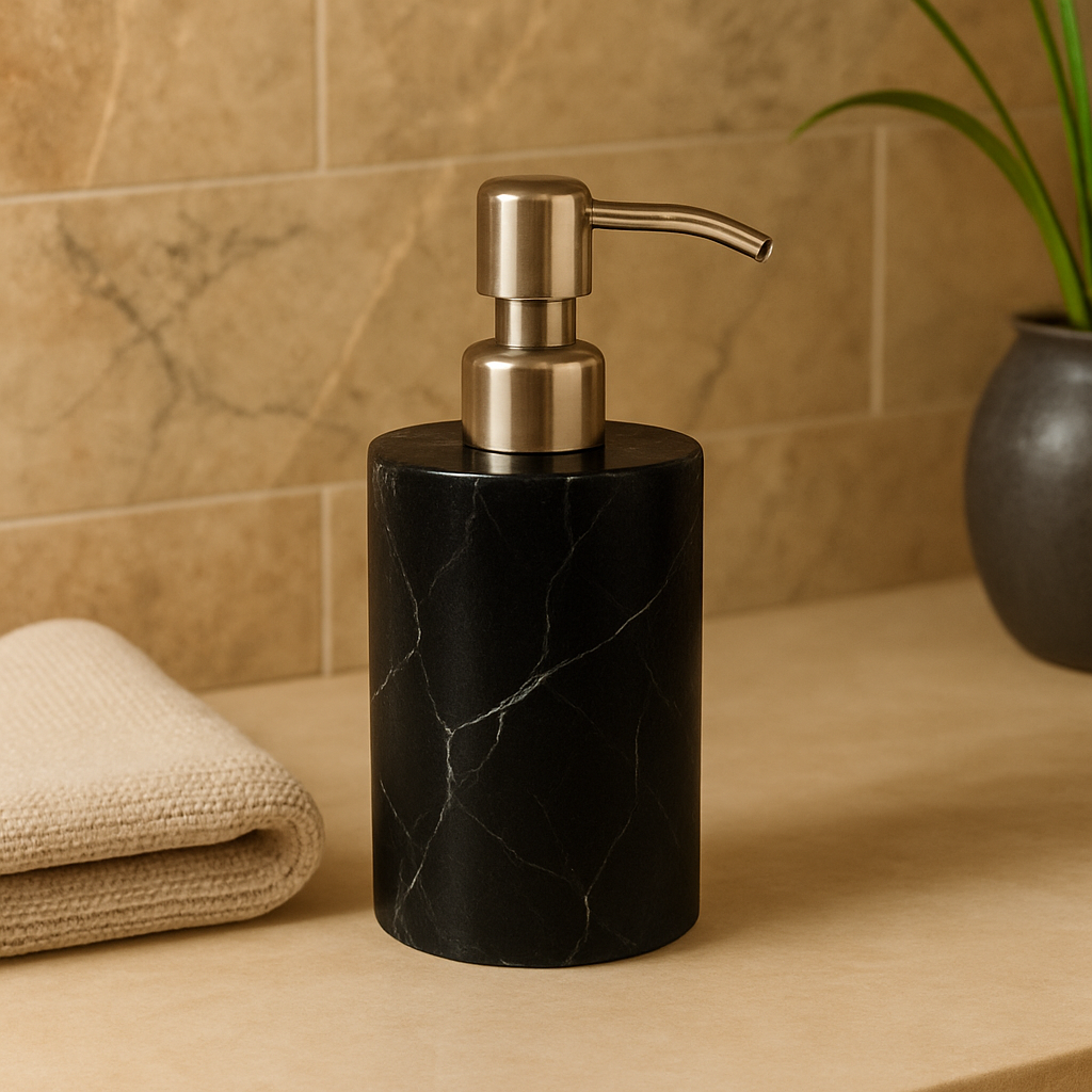 Round Marble Soap Dispenser – Solid Stone with Gold Metal Pump (1kg)