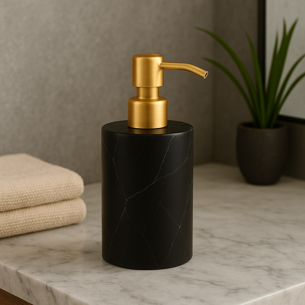 Round Marble Soap Dispenser – Solid Stone with Gold Metal Pump (1kg)