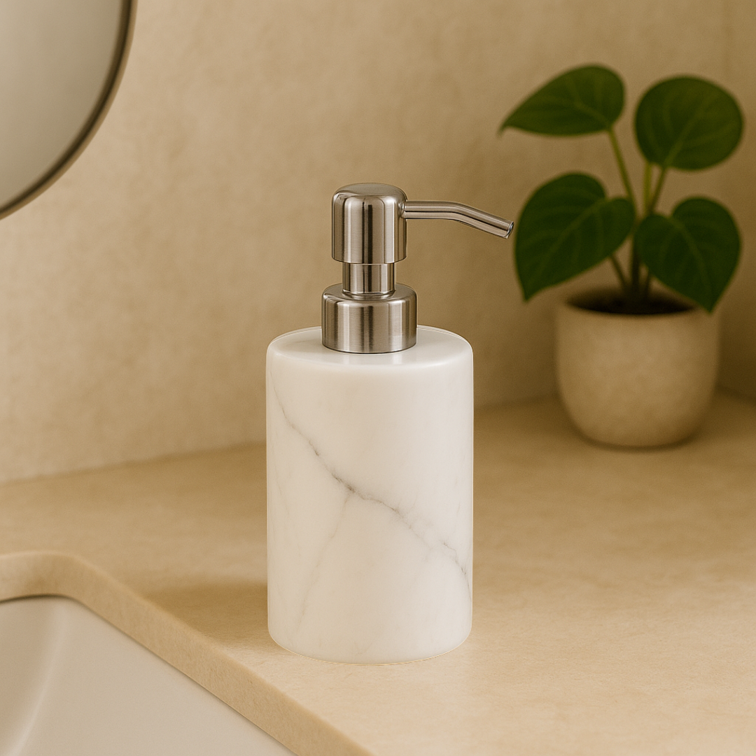 Round Marble Soap Dispenser – Solid Stone with Gold Metal Pump (1kg)