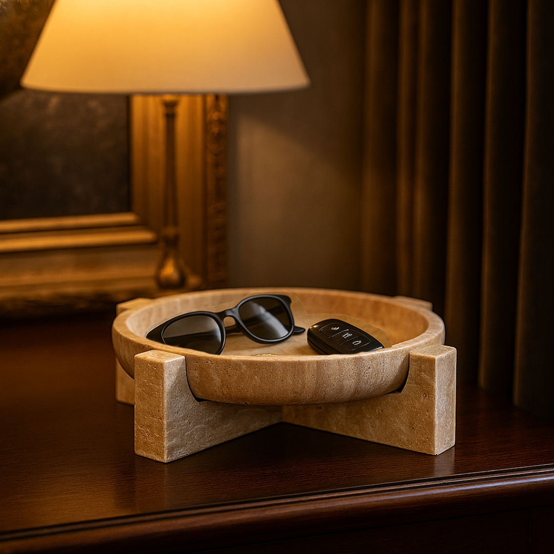 Aurum Travertine Fruit Tray – Solid Stone Centerpiece