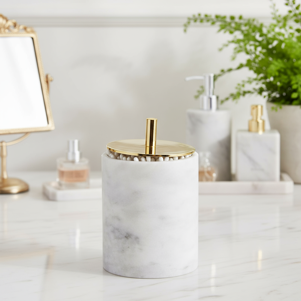 Luxury Solid Stone Marble Cotton Swab Canister