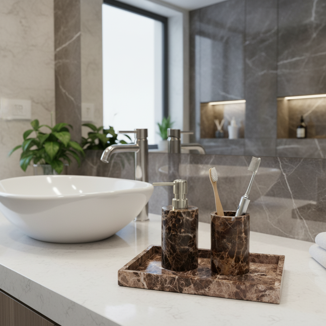 Valenza Dark Emperador Marble Bathroom Set