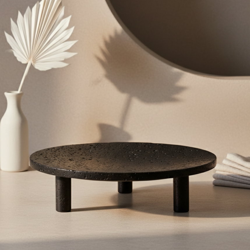 Noir Elevé Travertine Fruit Tray – Sculpted Pedestal in Black Travertine Stone