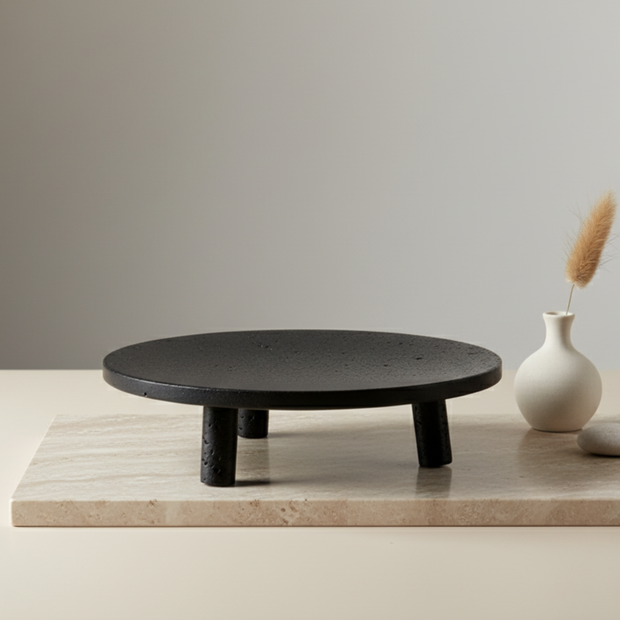 Noir Elevé Travertine Fruit Tray – Sculpted Pedestal in Black Travertine Stone