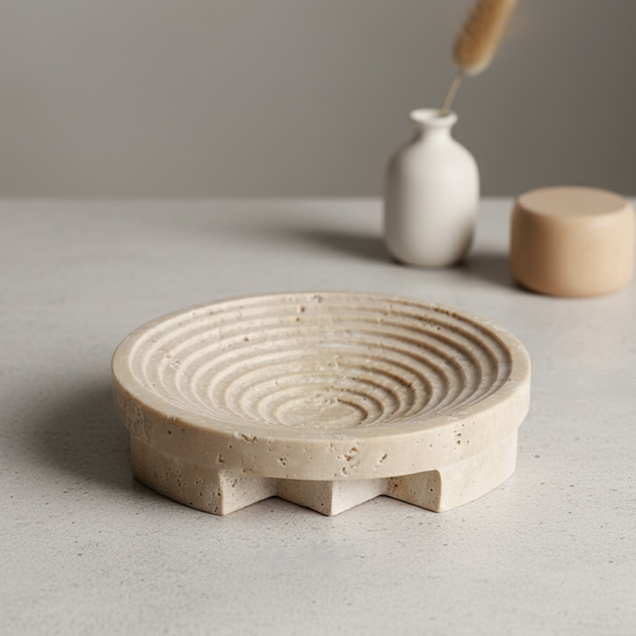 Vena Travertine Fruit Tray – Solid Carved Stone