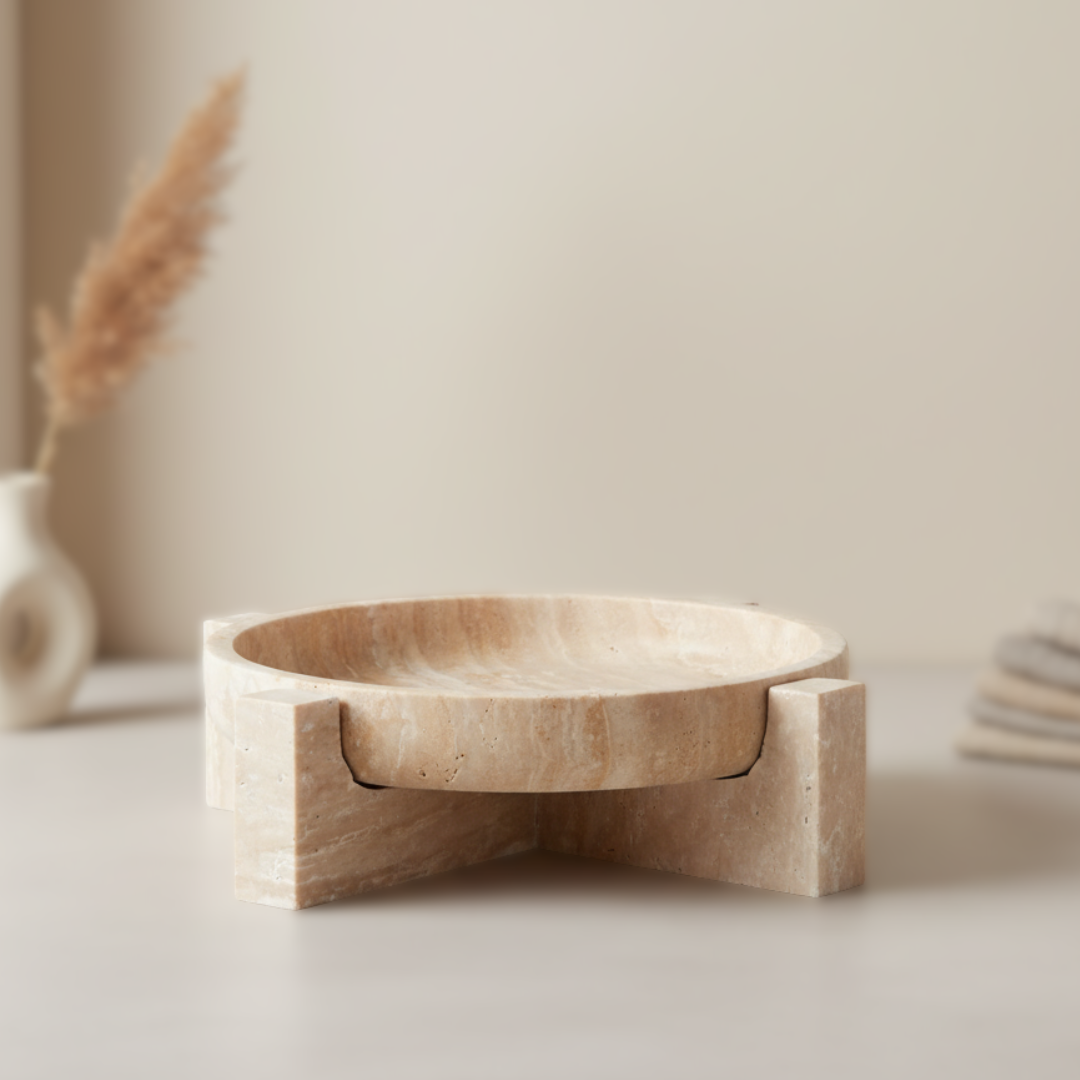 Aurum Travertine Fruit Tray – Solid Stone Centerpiece