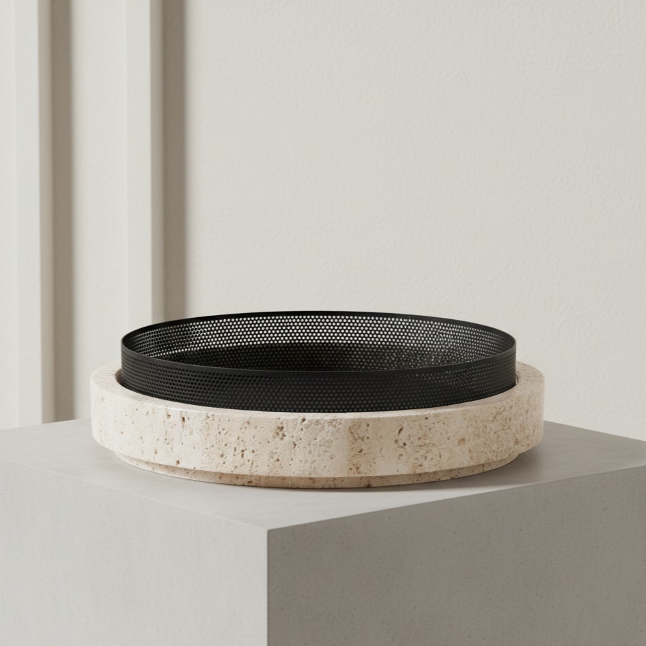 Sculpted Marble Planter with Metal Rim – 30x7 cm