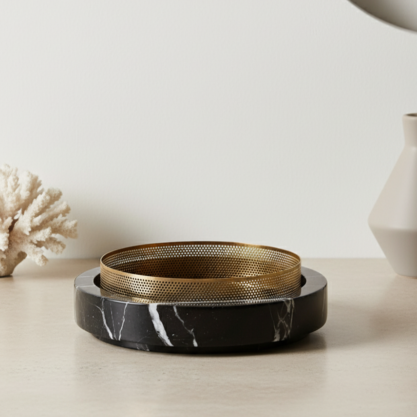 Aurore Marble Stone Planter with Metal Rim – 20x7 cm