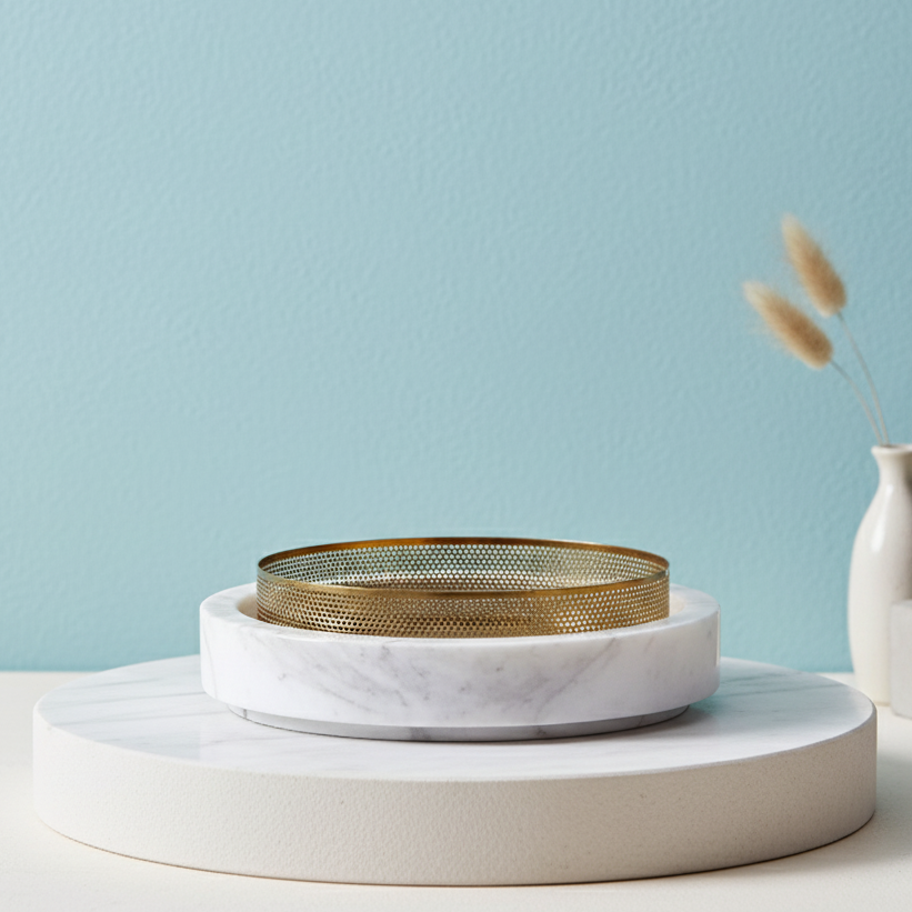 Aurore Marble Stone Planter with Metal Rim – 20x7 cm