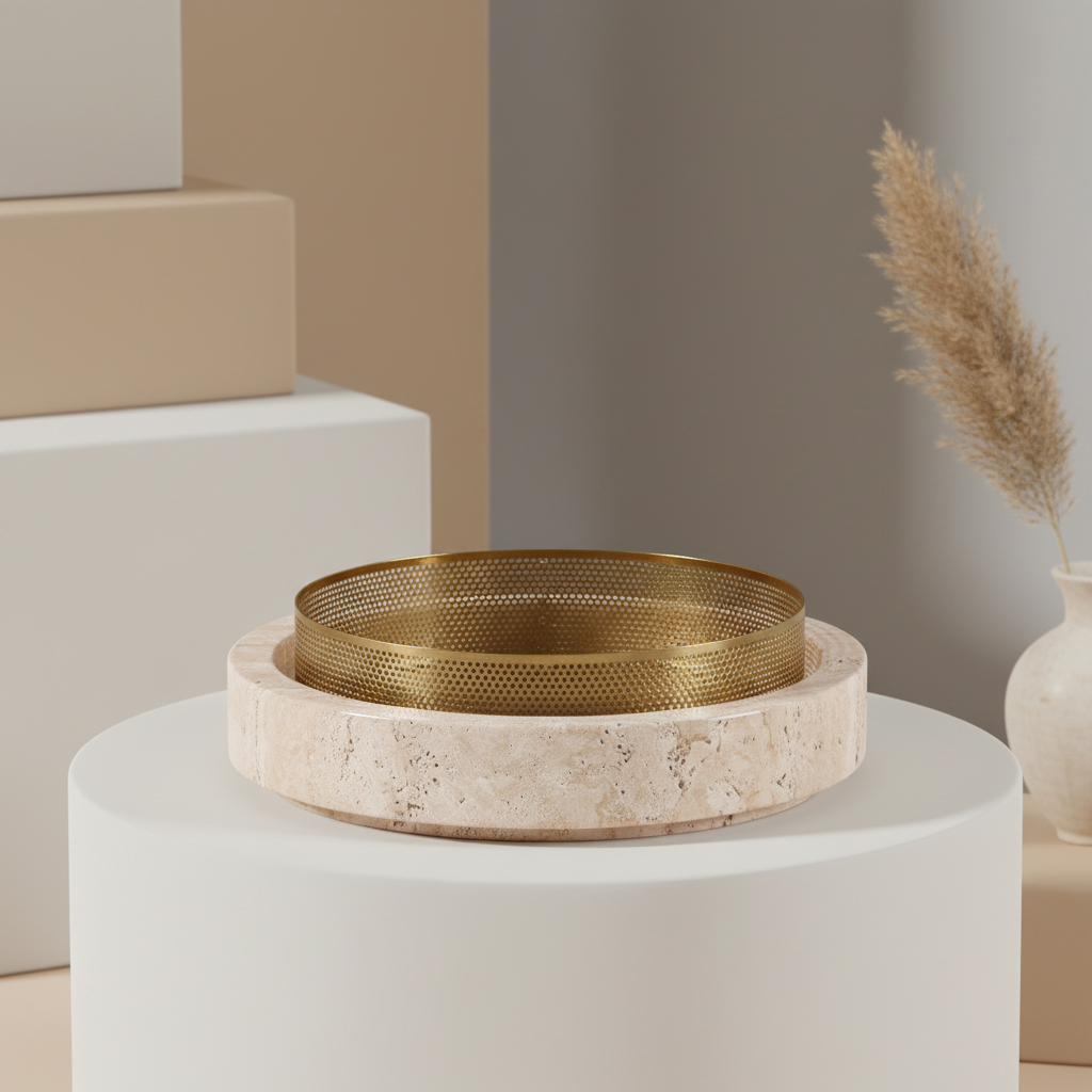 Aurore Marble Stone Planter with Metal Rim – 20x7 cm