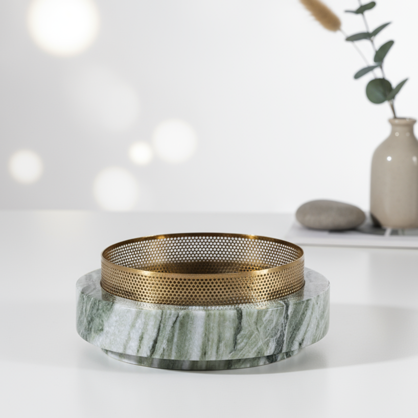 Aurore Marble Stone Planter with Metal Rim – 20x7 cm