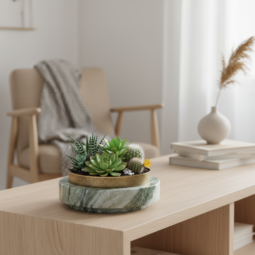 Aurore Marble Stone Planter with Metal Rim – 20x7 cm