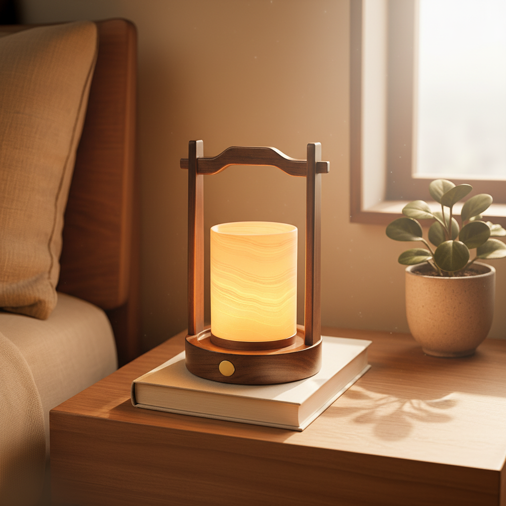 Arden Marble Lantern Lamp – Solid Stone with Wooden Frame