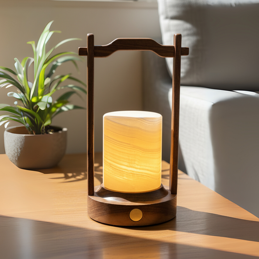 Arden Marble Lantern Lamp – Solid Stone with Wooden Frame