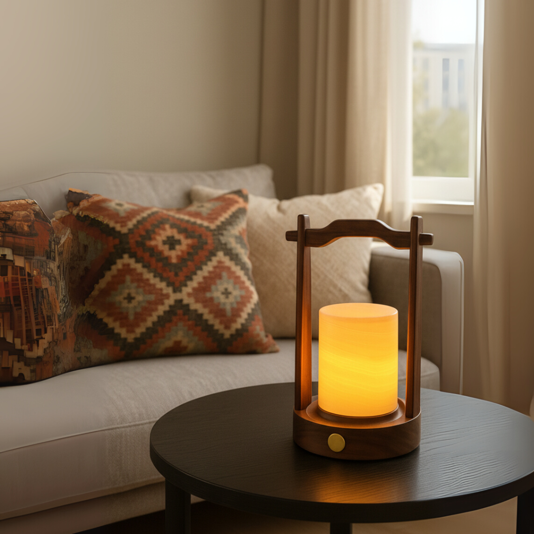 Arden Marble Lantern Lamp – Solid Stone with Wooden Frame